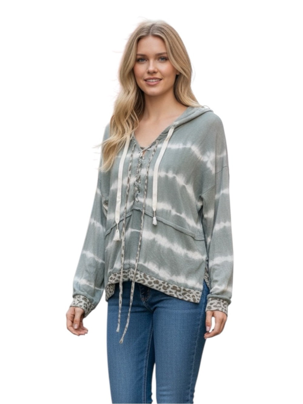 POL Sage Green Tie-Dye Lace-Up Hooded Pullover with Leopard Trim Size S